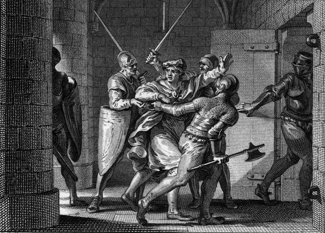 Gefangennahme von Karl III. dem Einfältigen (879-929), 923: In der Annahme, bei Herbert von Vermandois Zuflucht zu finden, wurde der ehemalige König der Franken von diesem verraten und ins Gefängnis geschickt. Gravur von Jean Michel Moreau, genannt Moreau  von Jean Michel the Younger Moreau