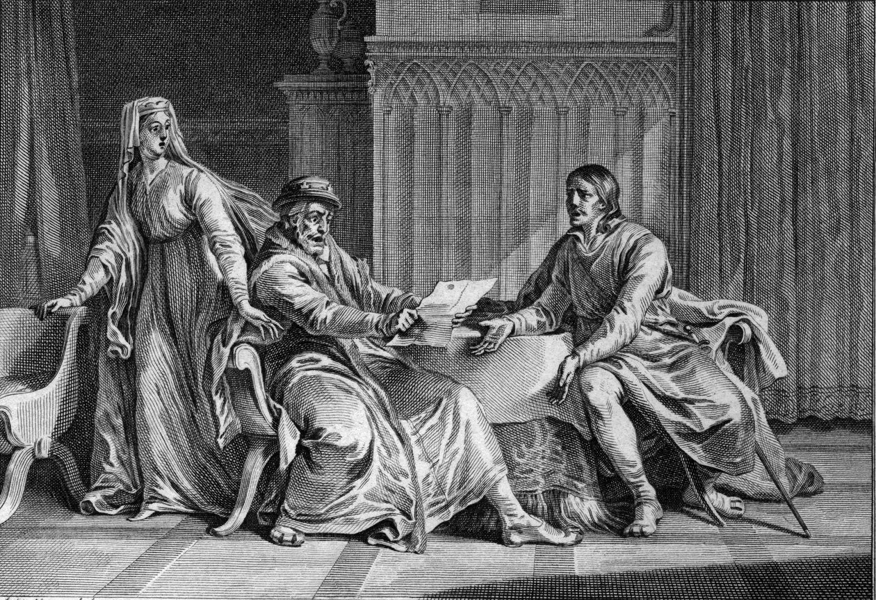 Ludwig der Dicke (1081-1137) zeigt seinem Vater, Philipp I. (1052-1108), den Brief, in dem er angeblich den König von England aufforderte, Ludwig zu ermorden. Bertrade de Montfort (ca. 1070-1118), die Frau von Philipp und angebliche Autorin des Briefes, is von Jean Michel the Younger Moreau