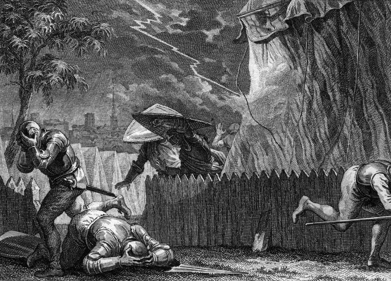 Belagerung von Poitiers, 954: Während eines Sturms zerstörte ein Blitz das Zelt von Hugo dem Großen (897-956). (Gravur von Jean Michel Moreau, genannt Moreau le Jeune) von Jean Michel the Younger Moreau