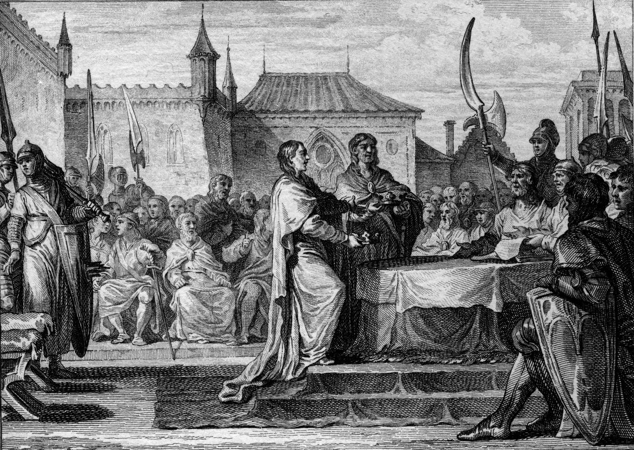 Nachfolge von Pippin dem Kurzen, 768: Eine Versammlung beschloss, das Königreich zwischen seinen beiden Söhnen Karl dem Großen (747-814) und Karlmann (ca. 751-771) zu teilen, wodurch die von Pippin dem Kurzen getroffenen Vereinbarungen aufgehoben wurden. G von Jean Michel the Younger Moreau