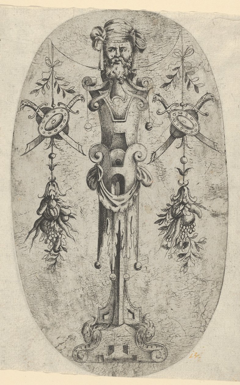Männliche Endfigur, Kopf mit Bart und Turban auf einem dreiviertel Riemenwerk von Jean Mignon