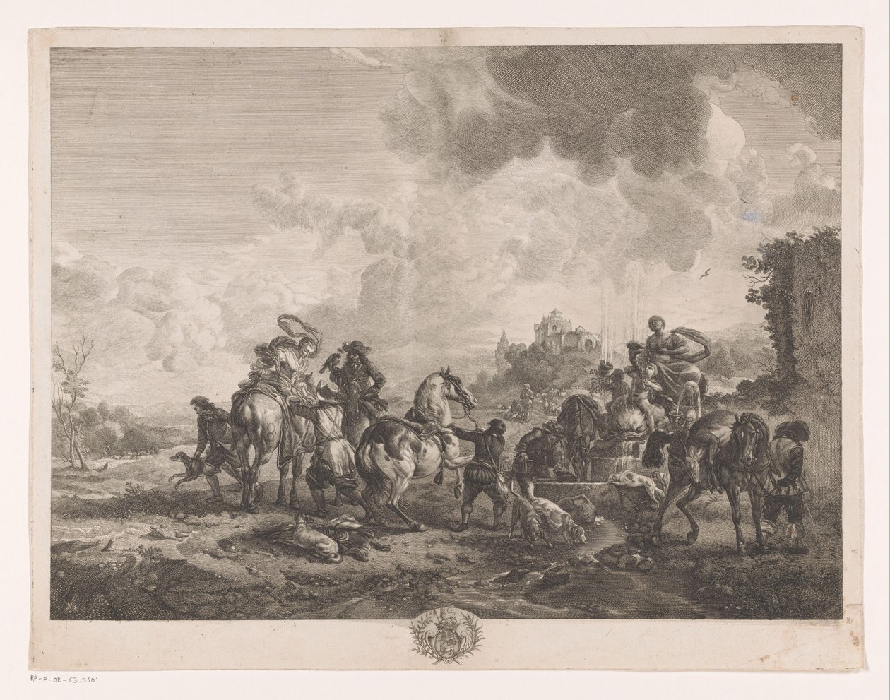 Rastende Jagdgesellschaft bei einem Brunnen (La Fontaine de Venus, Prenten naar schilderijen door Philips Wouwerman, Oeuvres de Ph.pe Wouwermans Hollandois) von Jean Moyreau