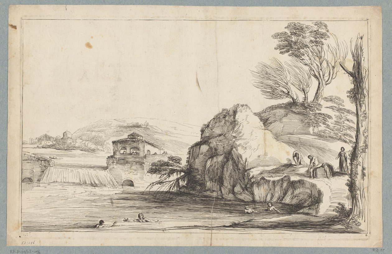 Landschaft mit Schwimmern bei einem kleinen Wasserfall von Jean Pesne