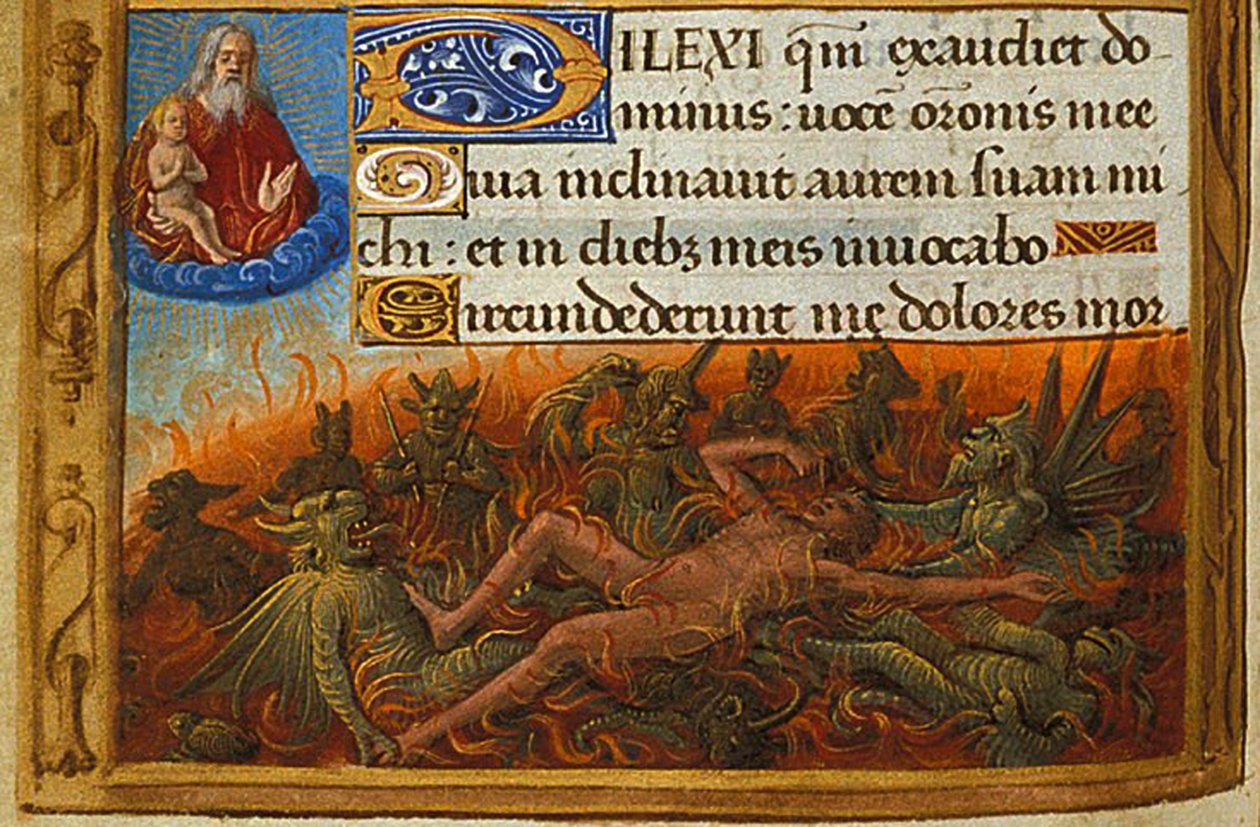 Stundenbuch, Detail: Dives von Dämonen gequält und von der Seele des Lazarus beobachtet, ca. 1500 von Jean Poyet