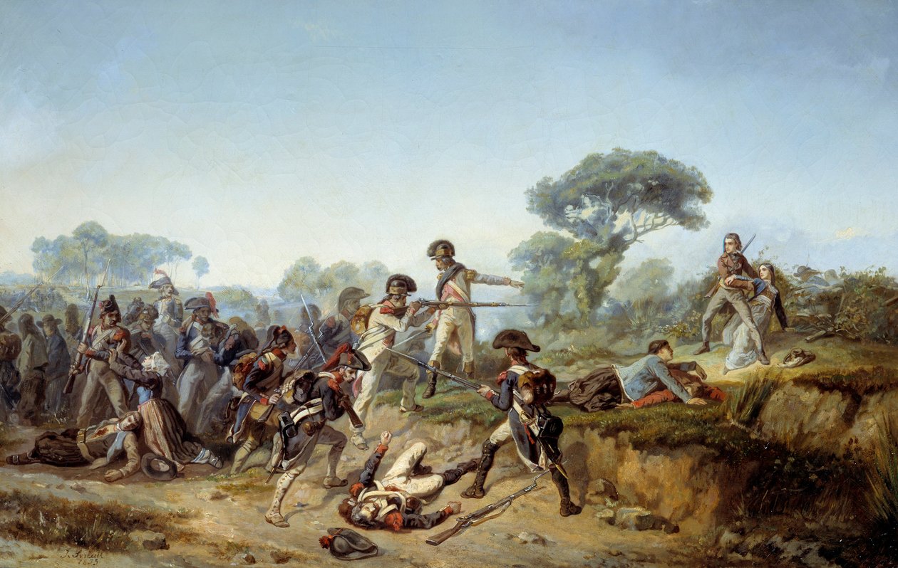 Krieg der Vendée, der Ritter Charles de Bois-Hardy versucht, seine Geliebte zu retten (1795). Gemälde von Jean Soreuil (1824-1871) von Jean Soreuil