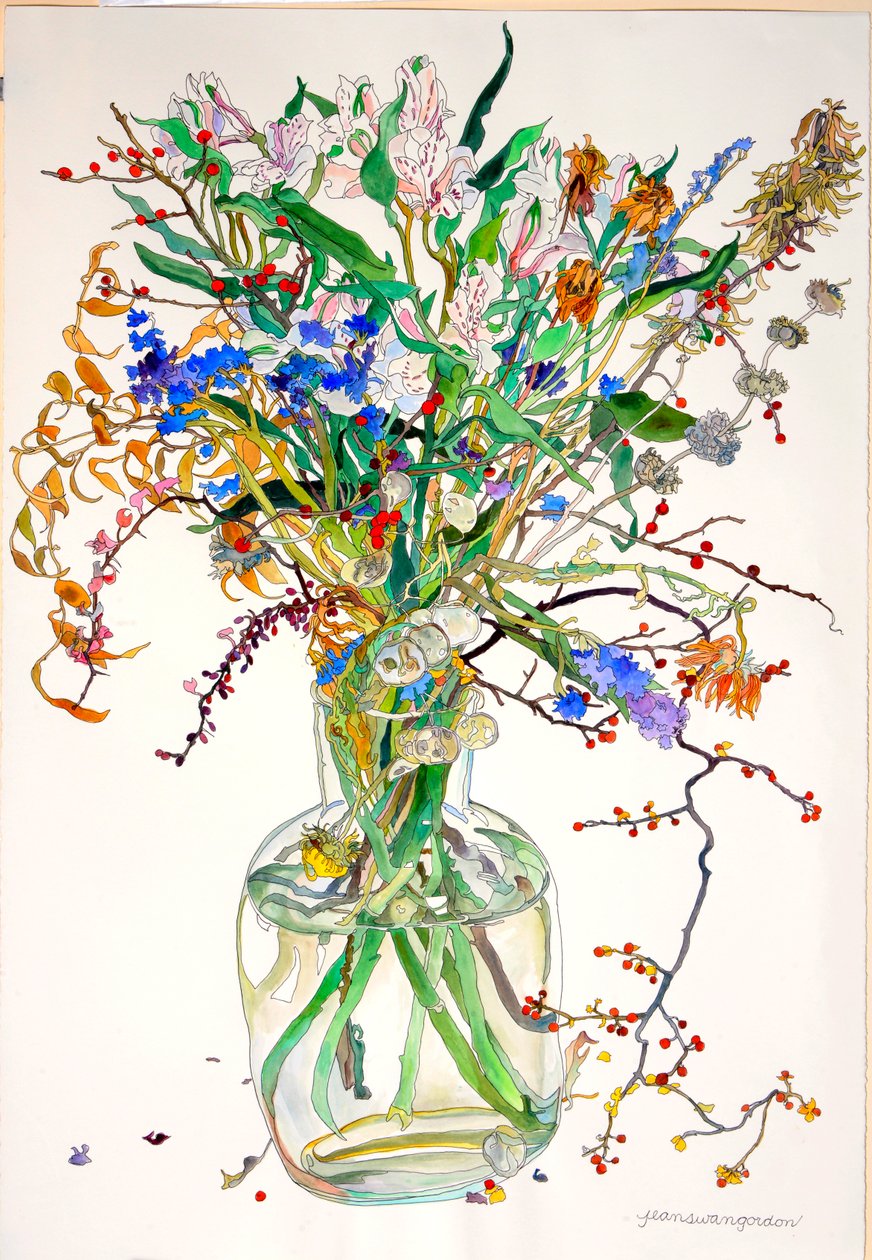 Alstroemeria, Statice, Silberblatt, Ringelblume, Trockene Blätter, Beeren von Jean Swan Gordon