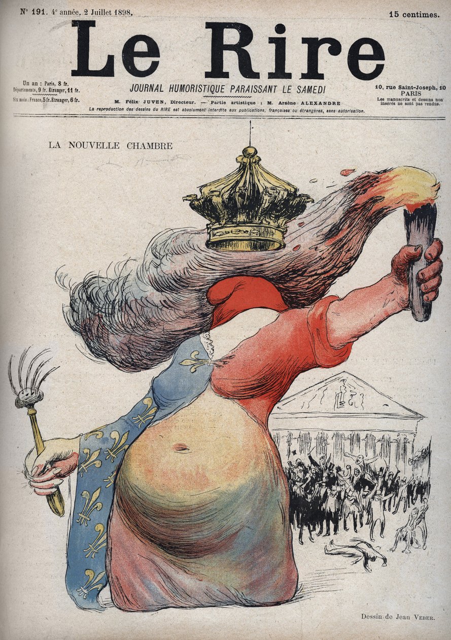 Der neue Raum - Marianne mit phrygischer Mütze - Marianne in einem Kleid in zwei Teilen: eine rote Seite und die andere Seite mit Fleur-de-Lis-Dekor - (Der Cartoon bezieht sich auf die politische Spaltung zwischen Republikanern und Monarchisten) von Jean Veber