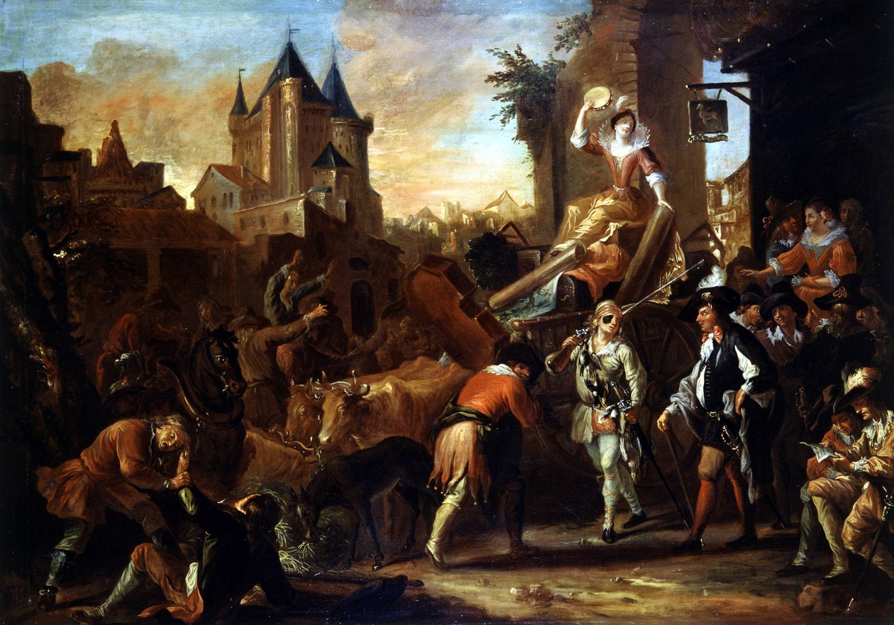 Ankunft der Komödianten in Le Mans, Illustration zu „Der komische Roman“ von Paul Scarron von Jean de Coulom