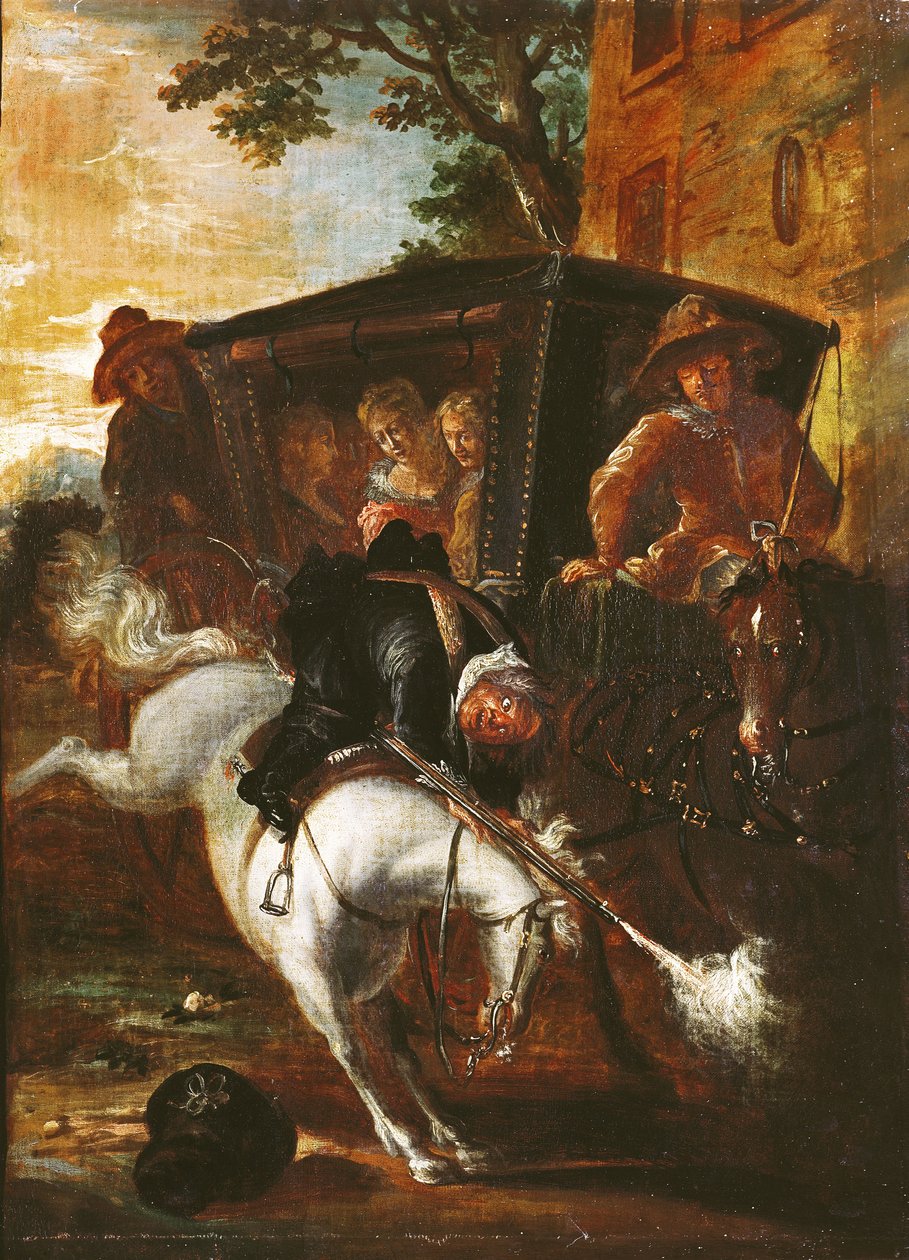 Mit einem Musket auf dem Rücken steigt Ragotin auf sein Pferd, um die Truppe zu begleiten, aus 