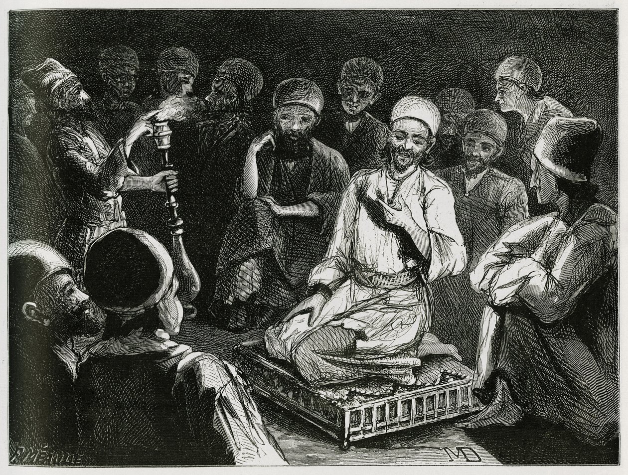 Persischer Geschichtenerzähler umgeben von seinem Publikum. Gravur des Reisenden Autors zur Illustration der Geschichte „Persien, Chaldäa und Susiane“ von Jeanne Dieulafoy