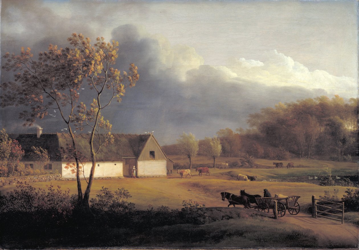 Ein Sturm braut sich hinter einem Bauernhaus in Seeland zusammen von Jens Juel