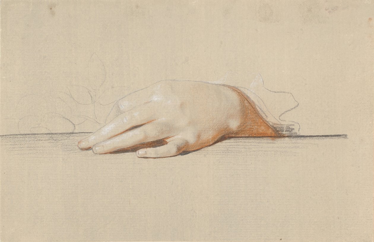 Eine linke Hand auf einem Tisch ruhend, eine Rose haltend von Jens Juel