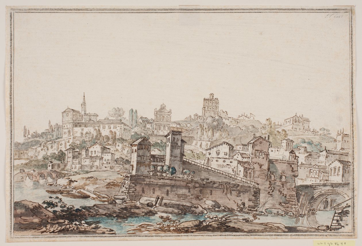 Stadtansicht mit Häusern und Kirche am Fluss. Antikes Rom von Jens Petersen Lund