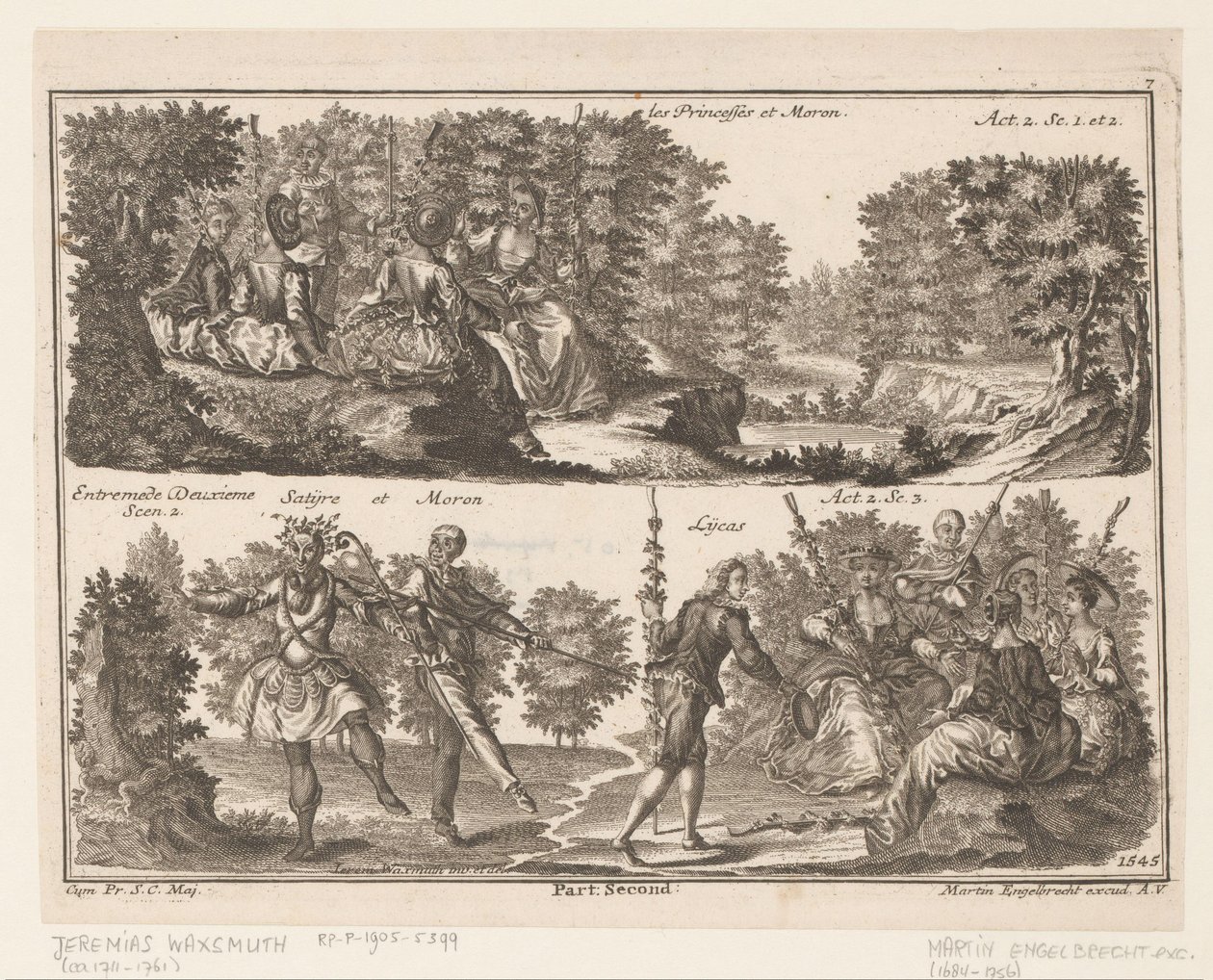 Zwei Theaterszenen mit Figuren in einer waldreichen Landschaft von Jeremias Wachsmuth