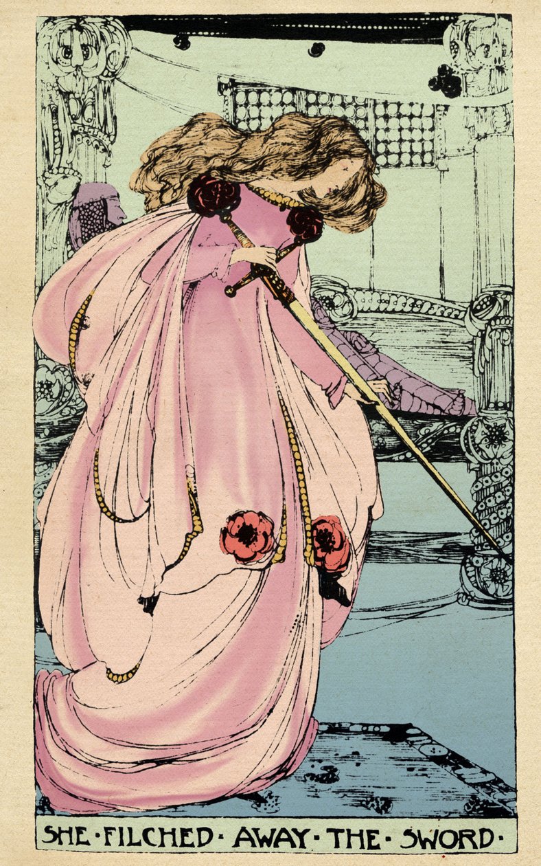 Die Fee Morgane stiehlt Excalibur für ihren Geliebten, um es gegen König Artus zu verwenden. Illustration von Jessie Marion King (1875-1949) für das Buch „Die hohe Geschichte des Heiligen Grals von Perceval dem Waliser, Ritter der Tafelrunde“ von Sebastian von Jessie Marion King