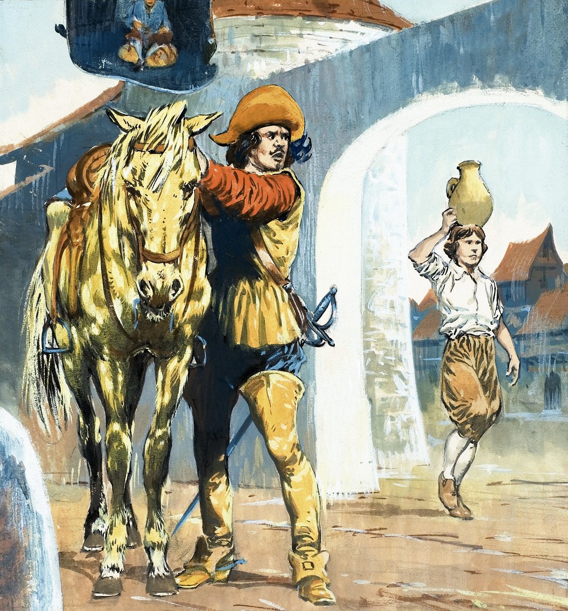 Unidentifiziertes Bild eines Kavaliers vor einem Gasthaus mit Pferd von Jesus Blasco