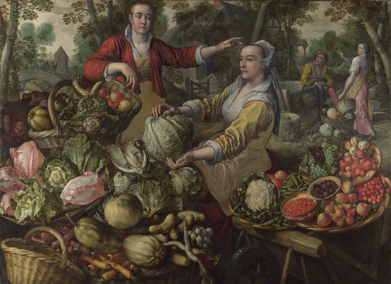 Die vier Elemente: Erde. Ein Obst- und Gemüsemarkt mit der Flucht nach Ägypten im Hintergrund - von Beuckelaer (Bueckelaer), Joachim (1533-1574) - 1569 National Gallery, London von Joachim Beuckelaer