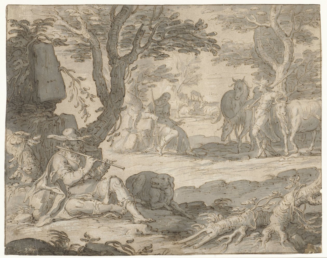 Apollo spielt die Flöte, während er die Herde von Admetus hütet von Joachim Wtewael or Utewael