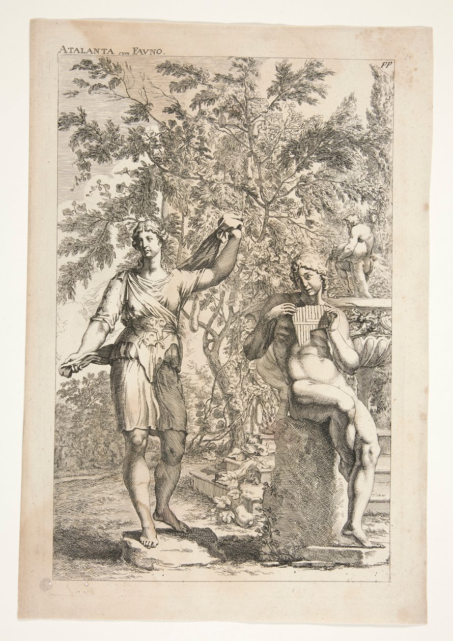 Atalanta und ein Faun, aus Sculpturae Veteris Admirata von Joachim von Sandrart