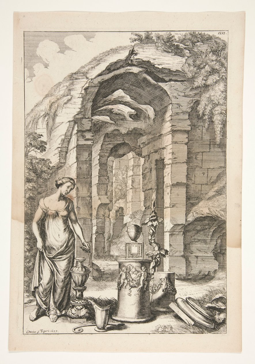 Frau in antiker Kleidung mit Urnen, Ständen und Ruinen von Joachim von Sandrart