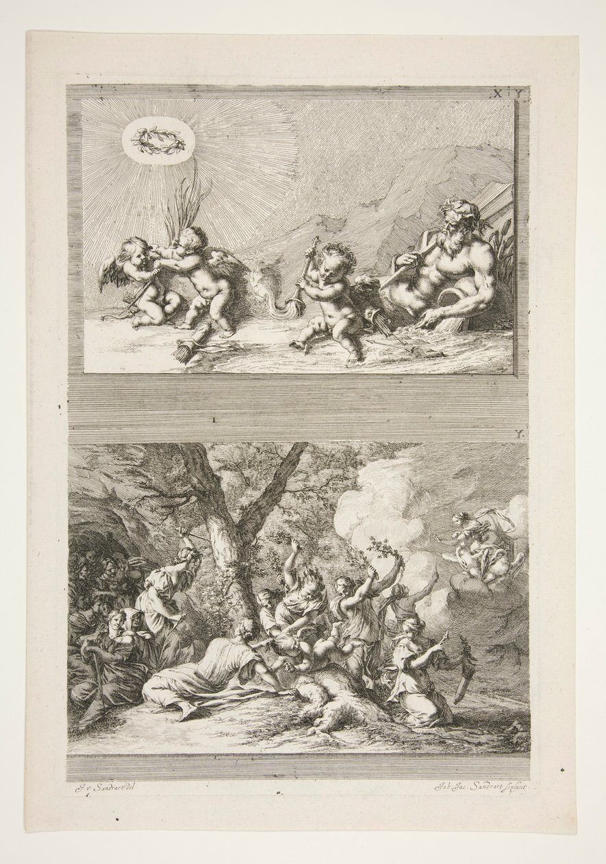 obere Hälfte: Ein Flussgott und Putti spielen mit den Symbolen des Ruhms untere Hälfte: Die Bestrafung des Amor von Joachim von Sandrart