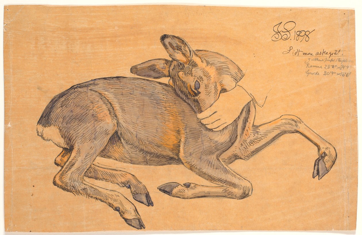 Studie eines liegenden Rehs. Eine Hand greift es an der Schnauze von Joakim Frederik Skovgaard