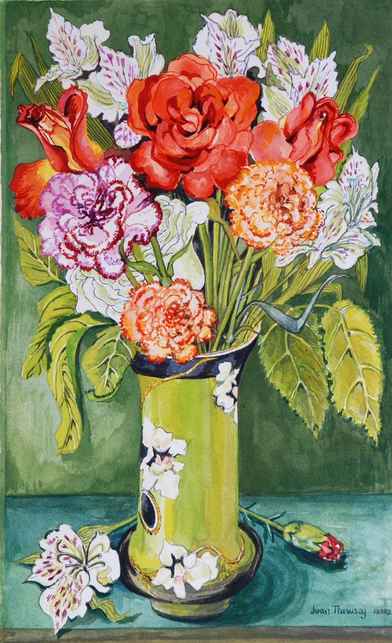 Nelken und Alstroemeria in einer Jugendstilvase 2011 von Joan Thewsey