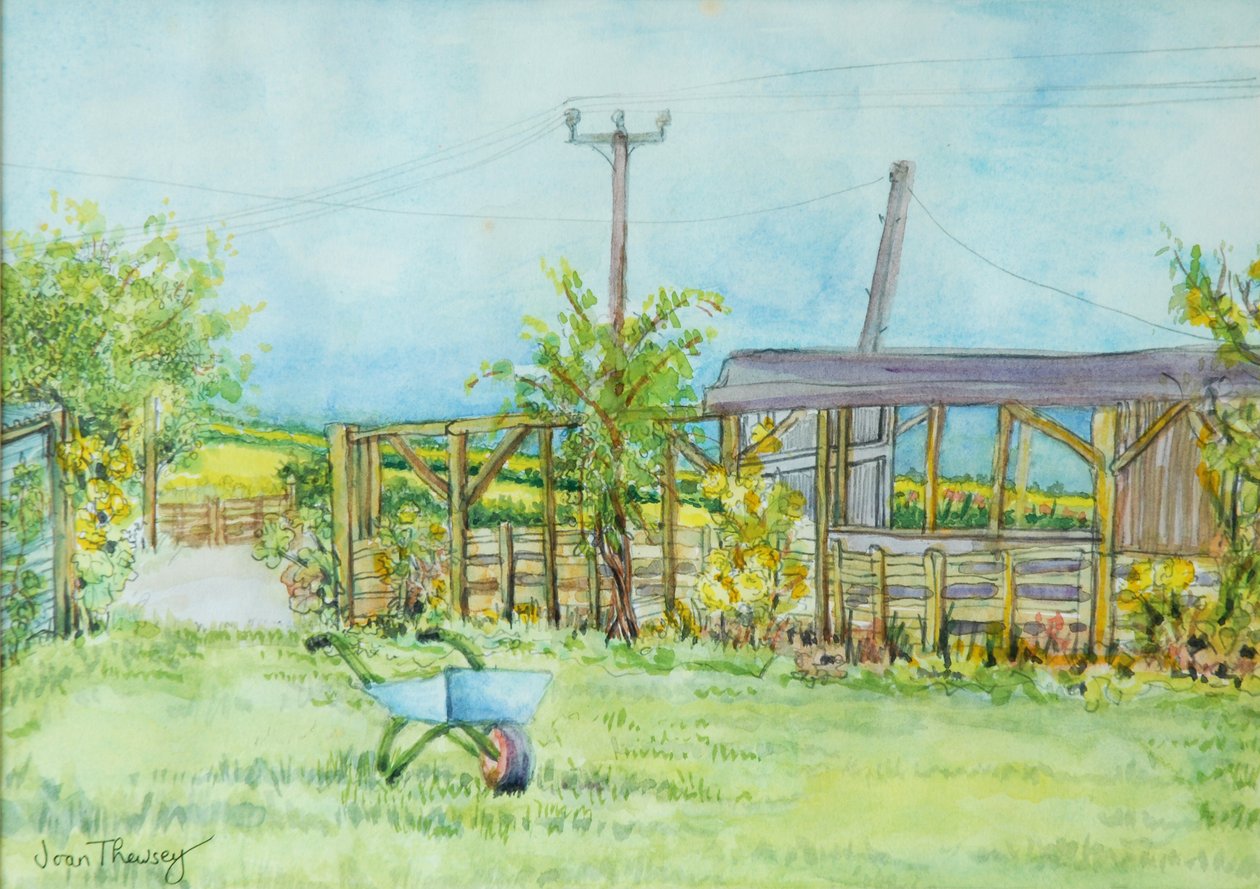 Cottage-Garten mit Schubkarre, 2011 von Joan Thewsey