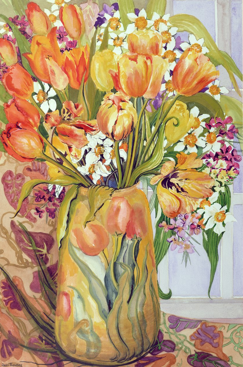 Tulpen und Narzissen in einer Jugendstilvase von Joan Thewsey