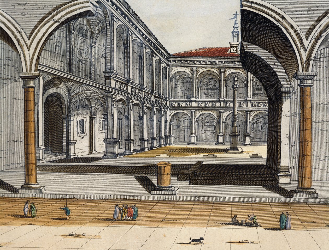Ansicht des Innenhofs der alten Universität in Bologna, Joan Blaeu, Stich, Italien von Joan Blaeu
