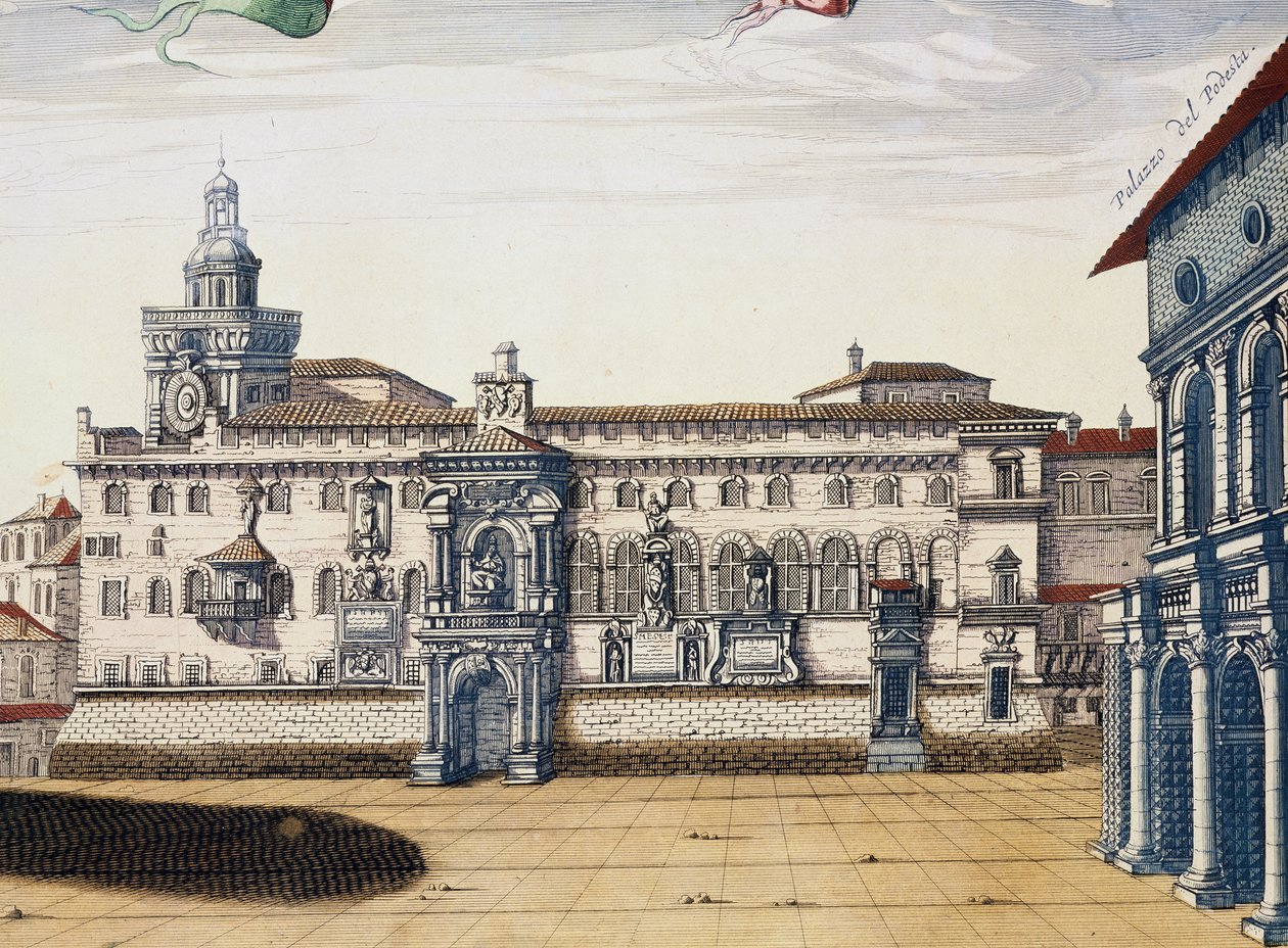 Ansicht des alten Platzes in Bologna, Stich von Giacomo Lauro und Joan Blaeu aus Theatrum civitatum et admirandorum Italiae, veröffentlicht in Amsterdam 1663 von Joan Blaeu