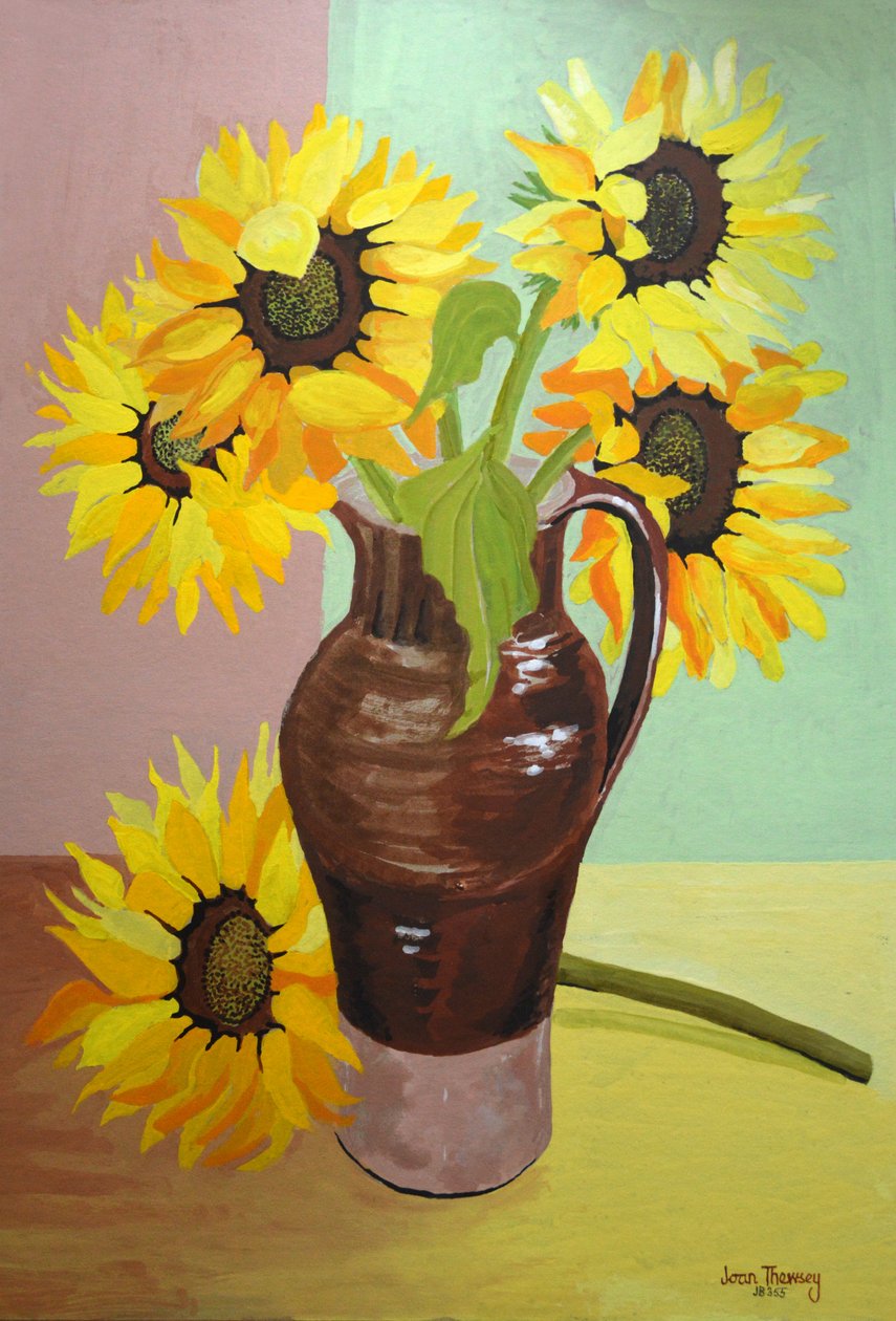 Fünf Sonnenblumen in einem hohen braunen Krug, 2007 (Gouache) von Joan Thewsey