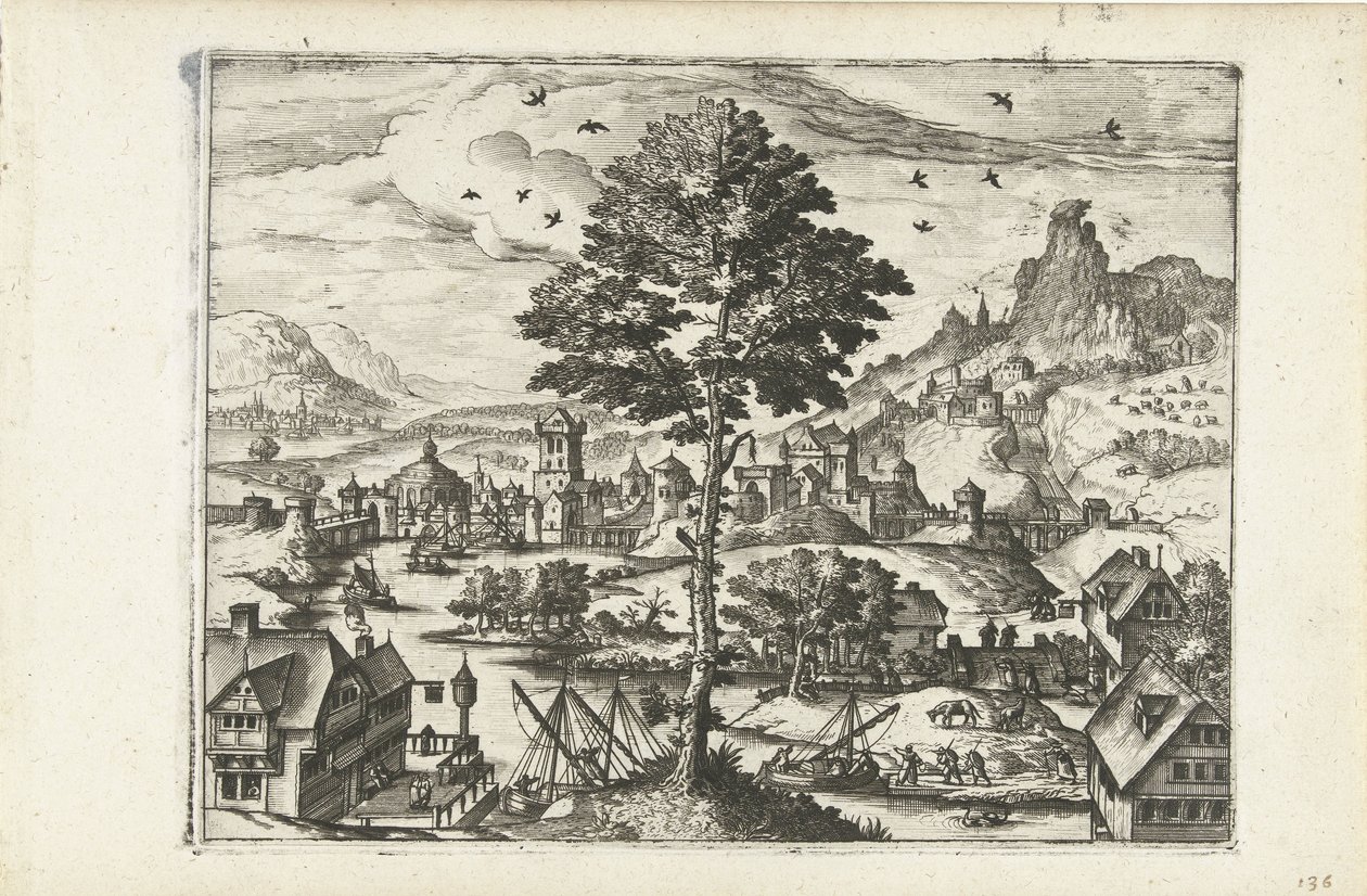 Landschaft mit Städtchen am Fluss von Joannes van Doetechum (I) (attributed to)