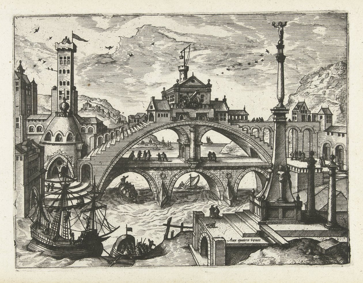 Stadt mit bebauter Brücke von Joannes van Doetechum (I) (attributed to)