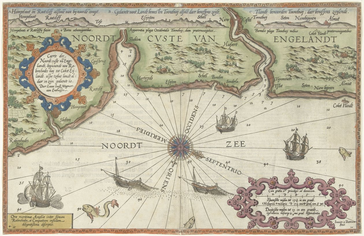 Karte der Nordküste Englands in der Nähe von Newcastle upon Tyne von Joannes van Doetecum