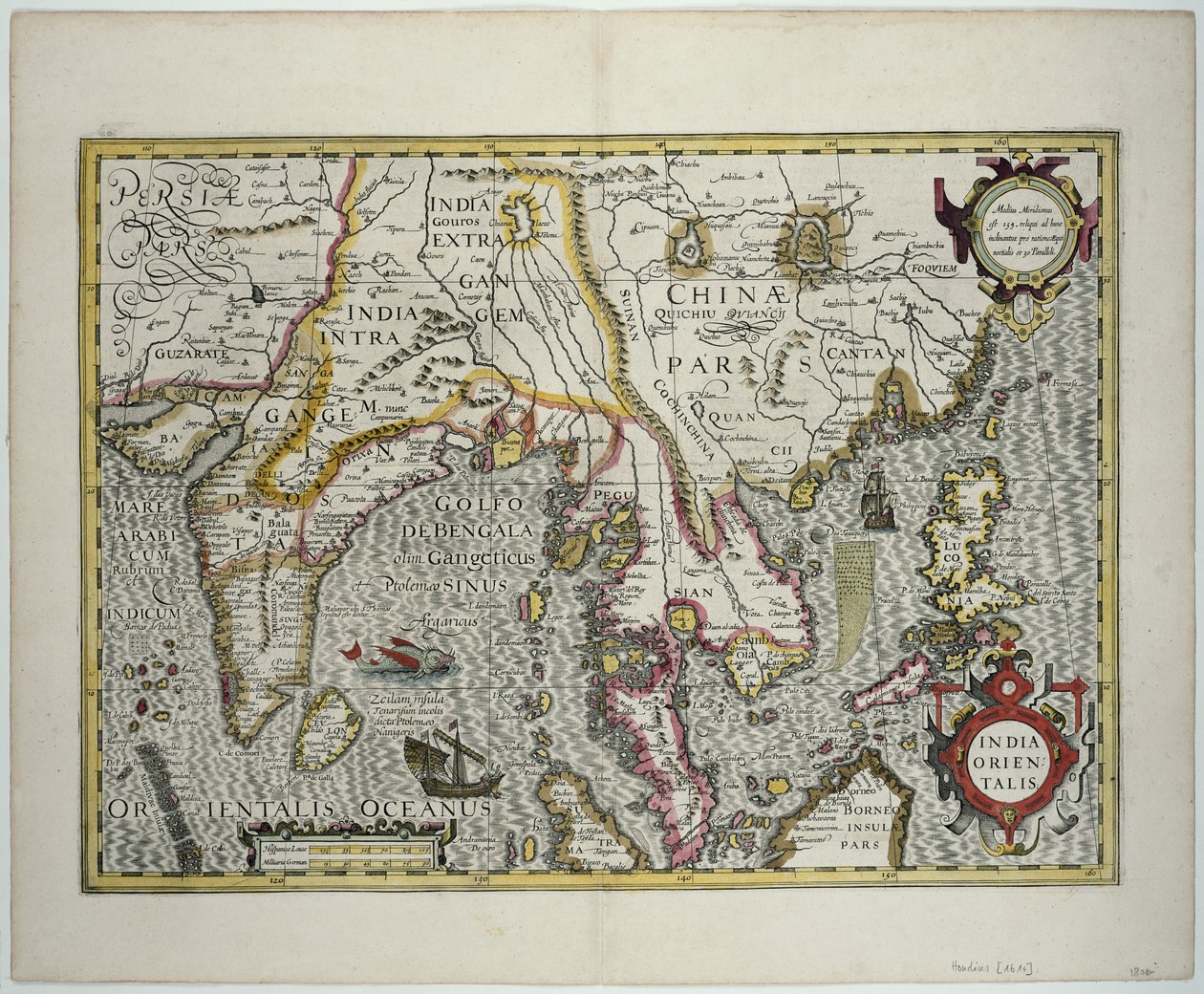 Der indische Subkontinent zu den Philippinen über die nördlichen Teile des indonesischen Archipels und die malaiische Halbinsel von Jodocus Hondius