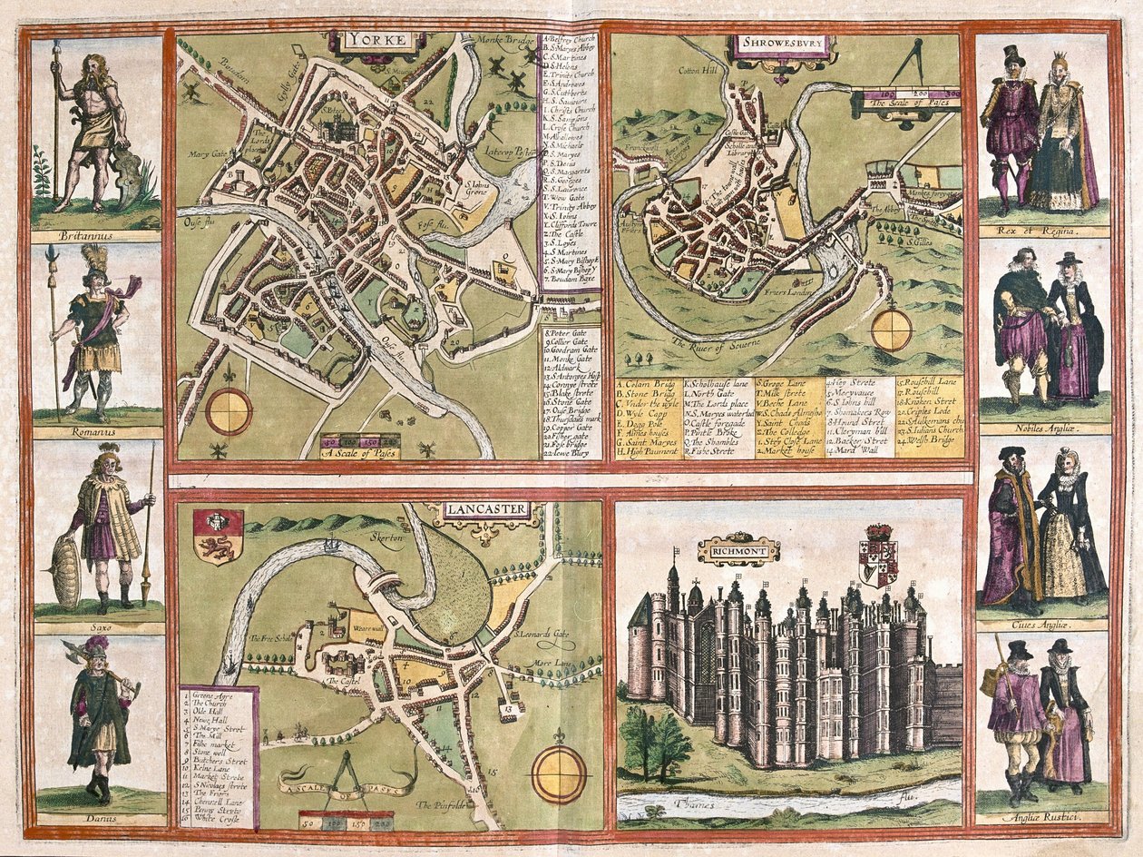 York, Shrewsbury, Lancaster und Schloss Richmond, England von Jodocus Hondius