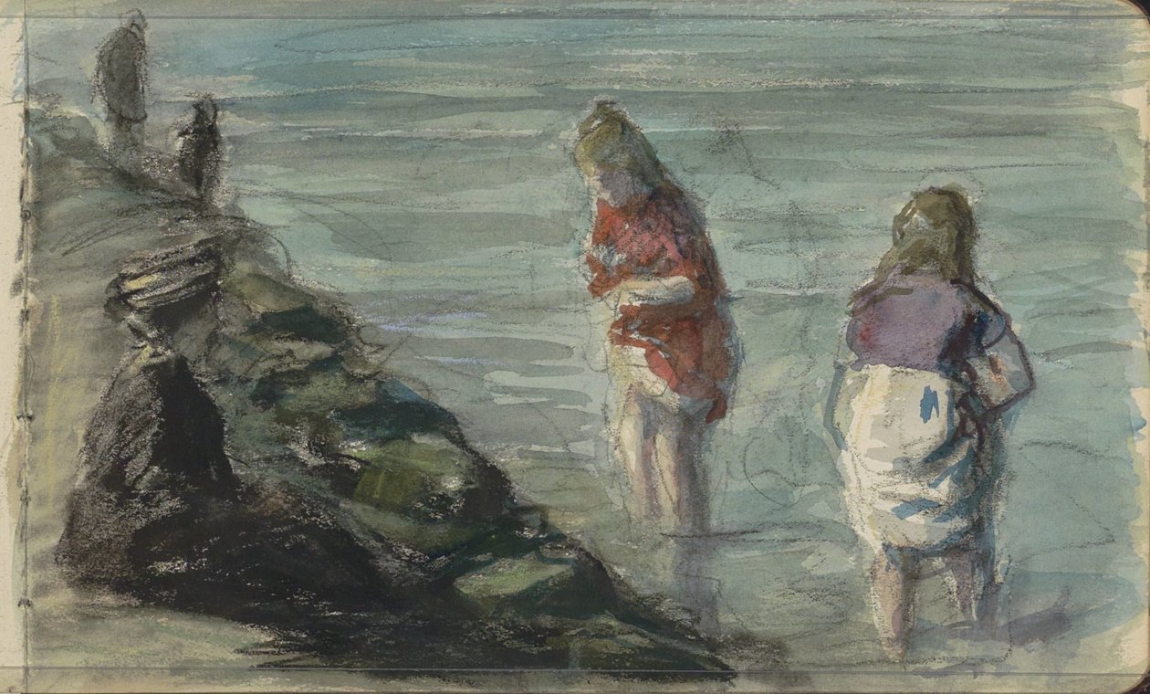 Frau mit zwei Kindern am Wasser von Johan Antonie de Jonge