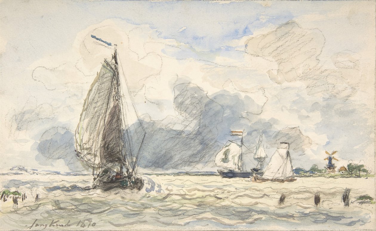 Niederländische Fischerboote, Verso: Skizzen von Booten von Johan Barthold Jongkind