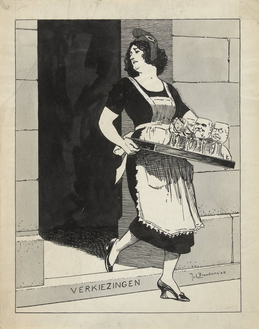 Entwurf für eine Illustration in De Amsterdammer: Die niederländische Jungfrau als Dienstmädchen mit einem Tablett Gläser stolpert über die Stufe Wahlen (17. Mai 1924) von Johan Braakensiek