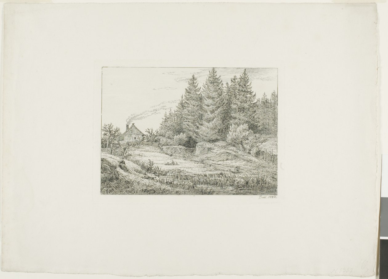 Bauernhaus in einem immergrünen Wald von Johan Christian Dahl