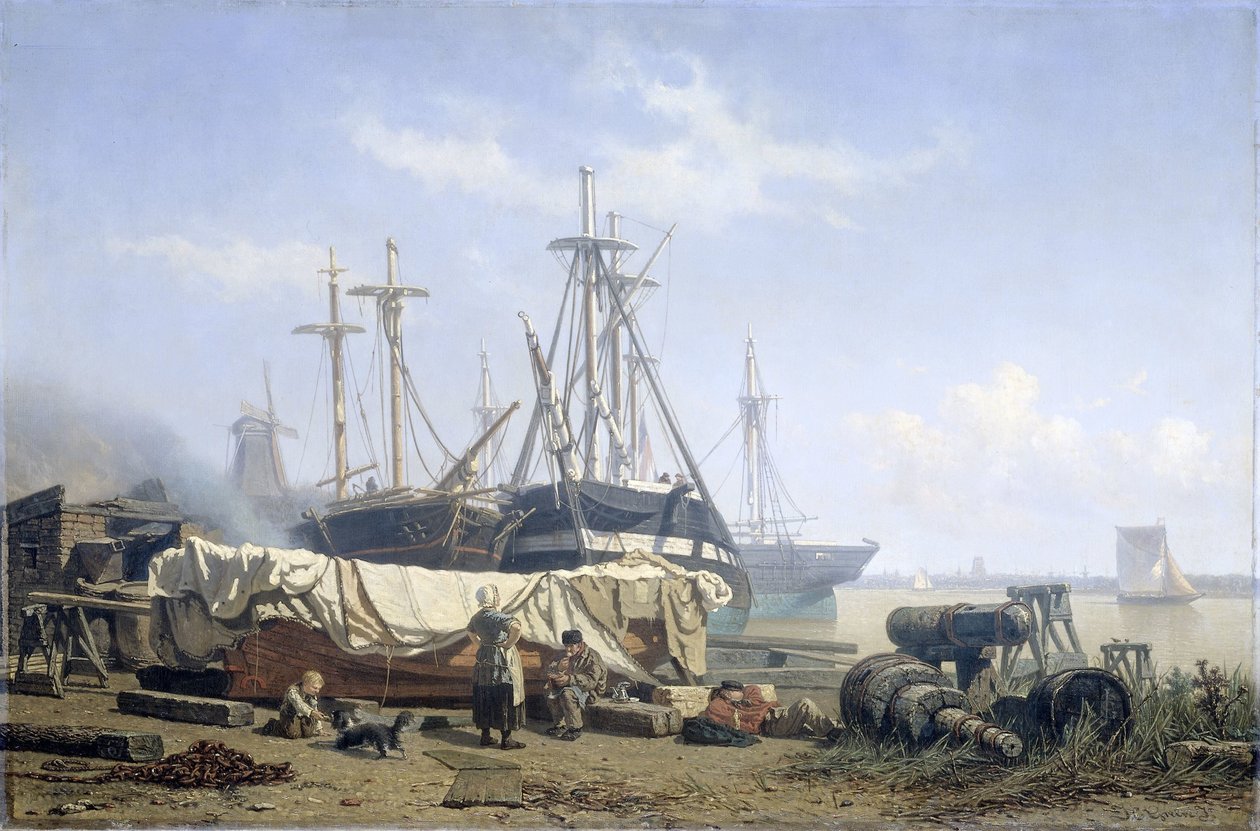 Mittagspause in einer Werft an der Maas von Johan Conrad Greive