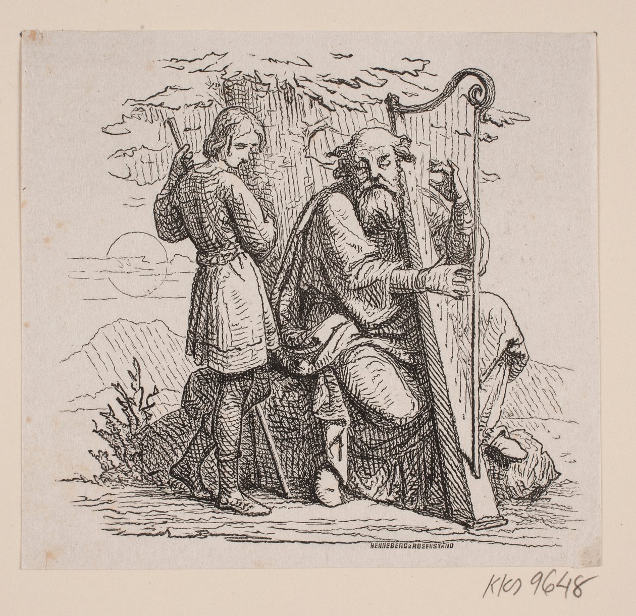 Ein alter Harfenspieler und ein Junge unter einem Baum von Johan Frederik Rosenstand