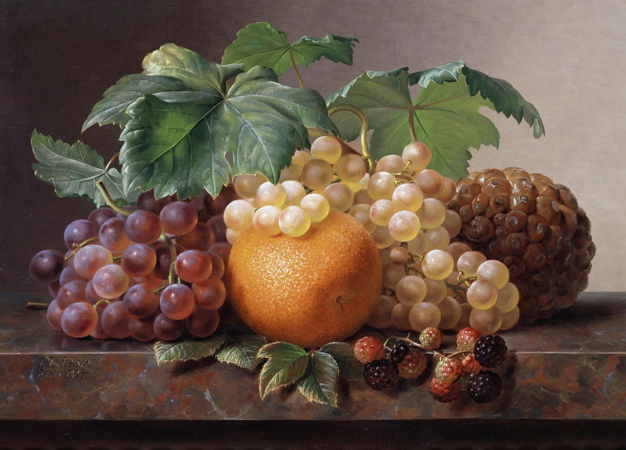 Stillleben mit Trauben, Brombeeren, Orange und Ananas von Johan Laurents Jensen