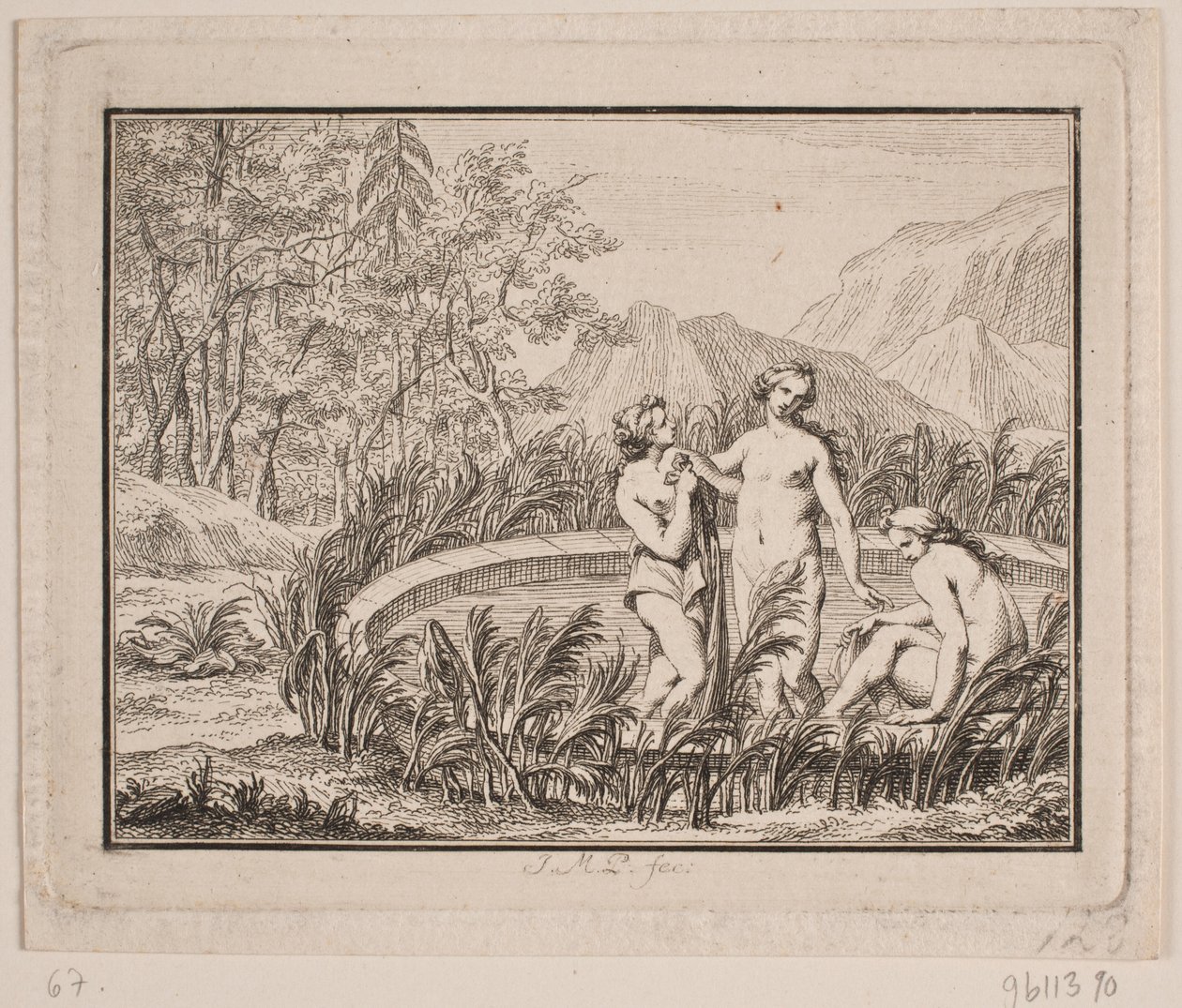 Vignette. Drei Frauen baden in einem Becken von Johan Martin Preisler