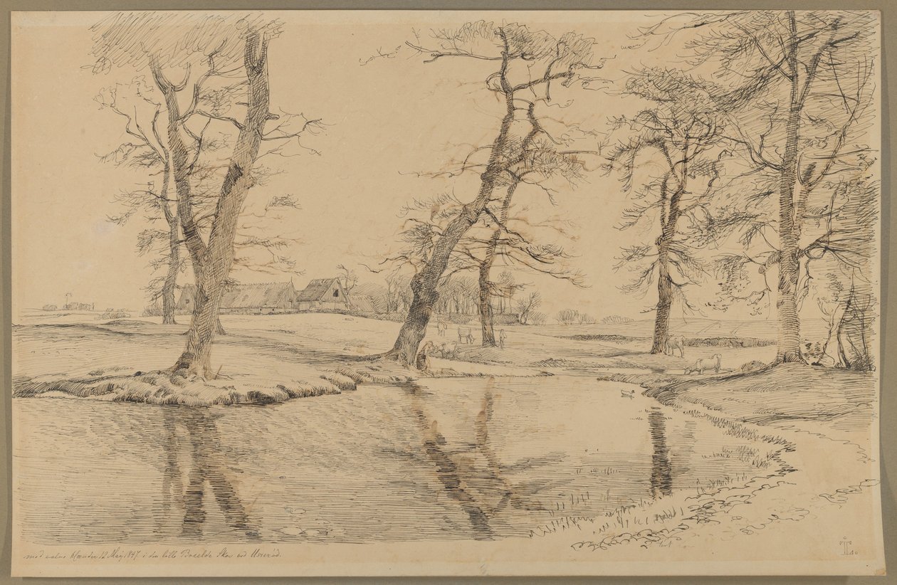 Ein Bach bei einem Bauernhof in Usserød mit Kühen und zwei Figuren von Johan Thomas Lundbye