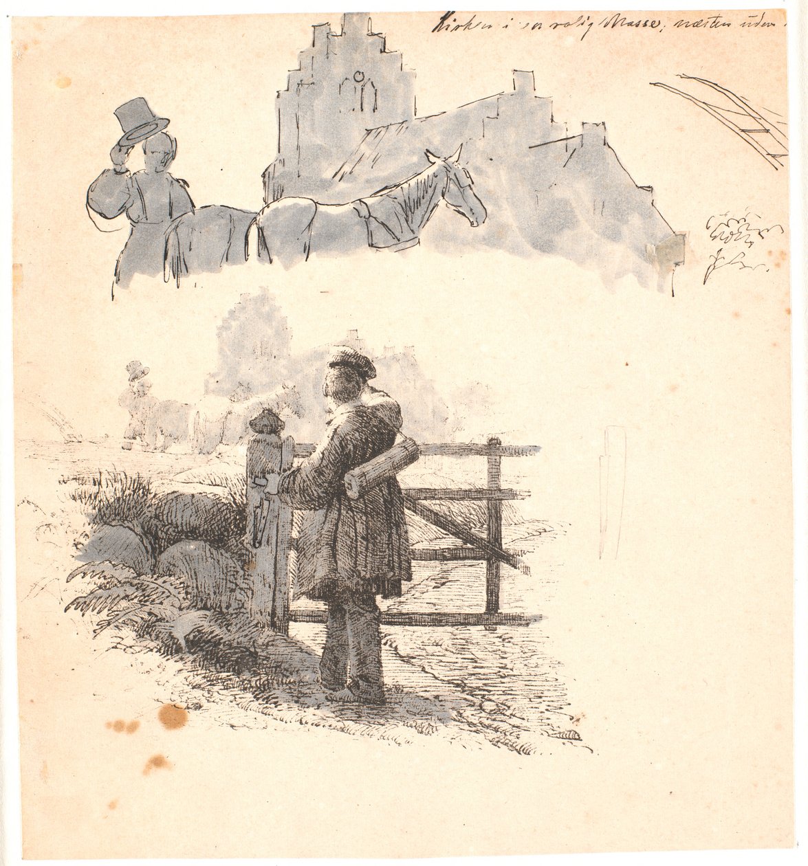 Der Abend. F.o. Studie des Bauernmanns bei der Kirche. Illustration zu Kaalunds "Fabeln für Kinder". Siehe Kommentar aus dem Arkatalog. von Johan Thomas Lundbye