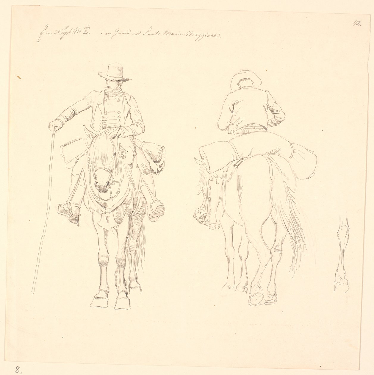Campagnol zu Pferd, von vorne und hinten gesehen, sowie Studie eines Pferdehinterbeins von Johan Thomas Lundbye