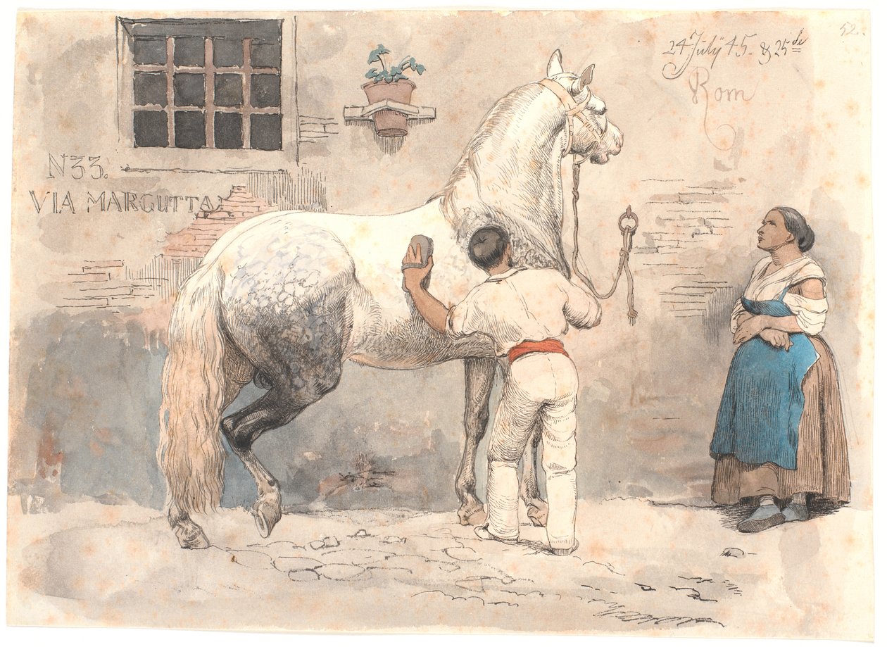 Ein grauschimmelndes Pferd wird in der Via Margutta gestriegelt von Johan Thomas Lundbye