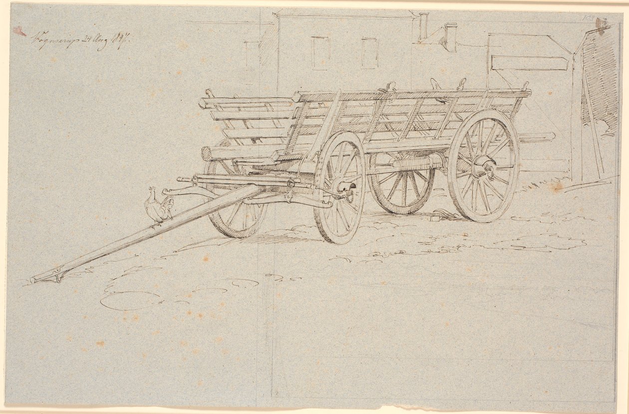 Ein Erntewagen mit einer gackernden Henne auf der Wagenstange von Johan Thomas Lundbye